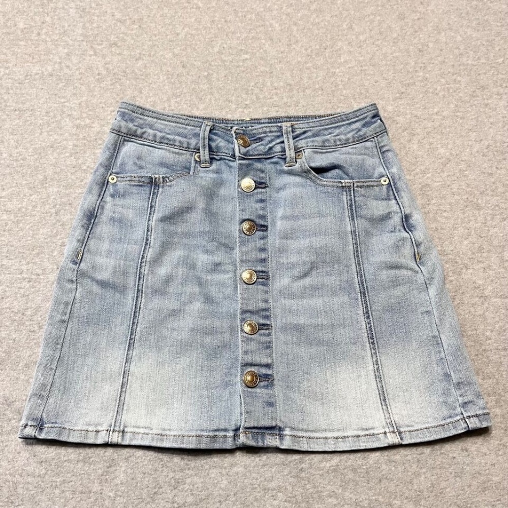 American Eagle Skirt Womens 0 Long Blue Hi-Rise A-Line Light Wash Button‎ Denim